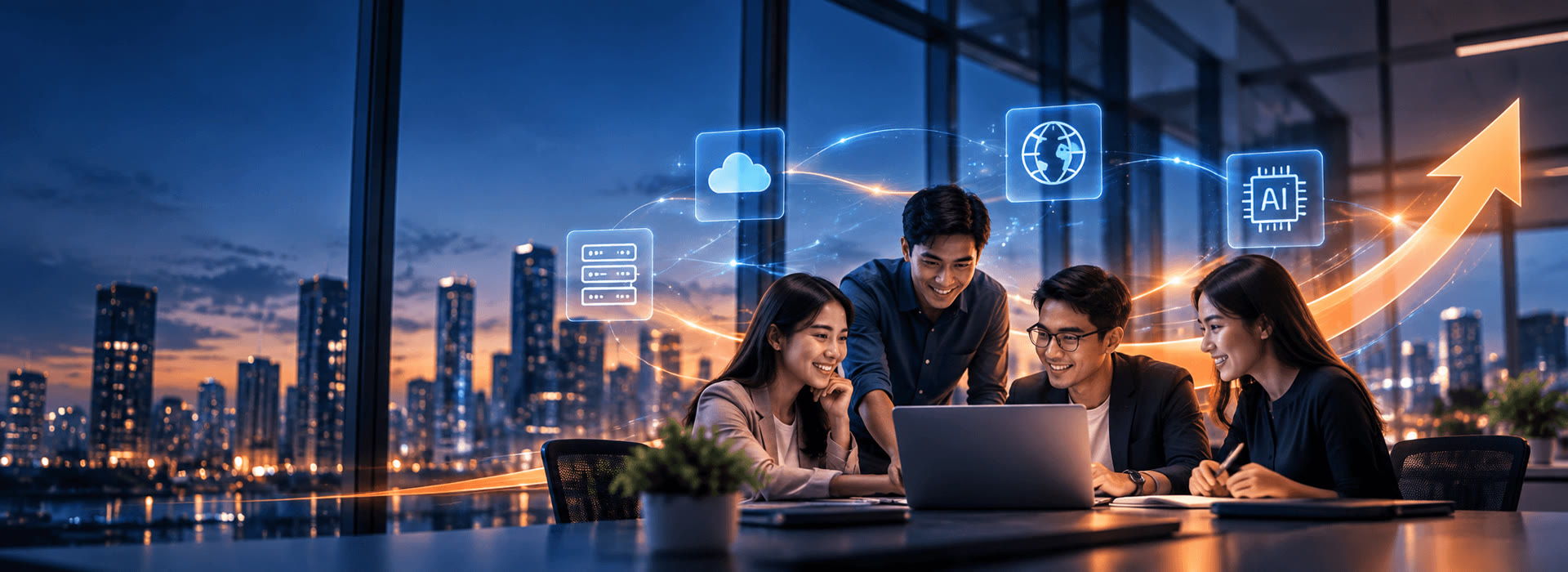 Four colleagues smiling around a laptop in an office at dusk, with cloud, server, globe and AI icons and a rising orange arrow over the city skyline.