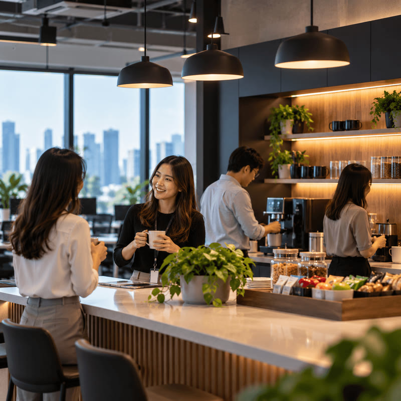 Colleagues chatting over coffee at the office pantry bar, with snacks and a coffee machine.