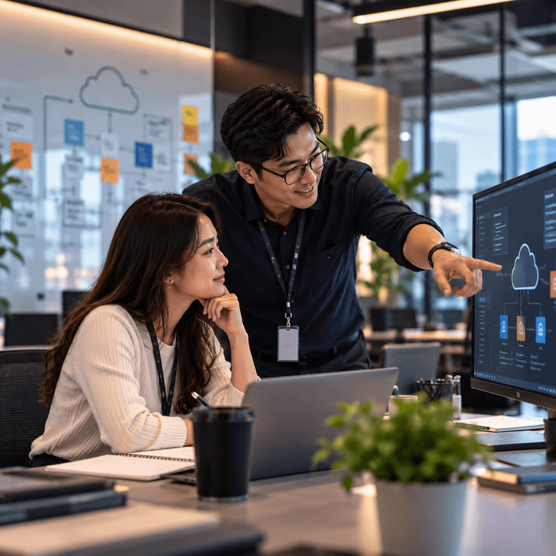 A colleague pointing out a cloud architecture diagram on a monitor to a teammate at her desk.