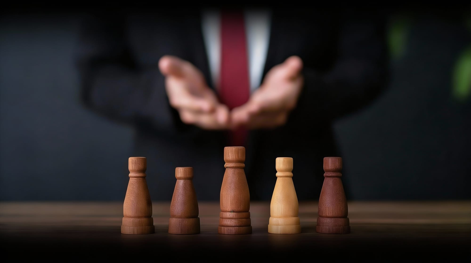 Five wooden game pieces standing in a row on a desk, a person in a suit behind them with open hands cupped protectively above.