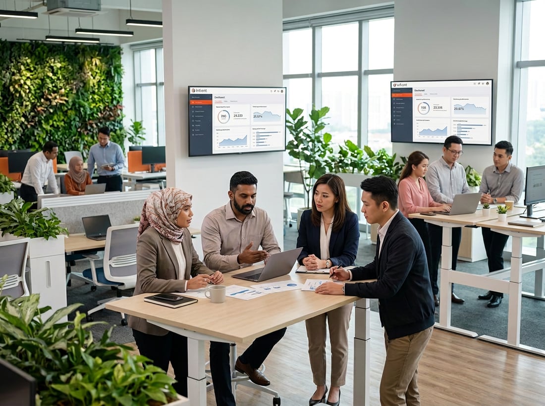 Colleagues gathered around a standing desk in a bright open-plan office, a living green wall behind them and dashboards on the screens above.