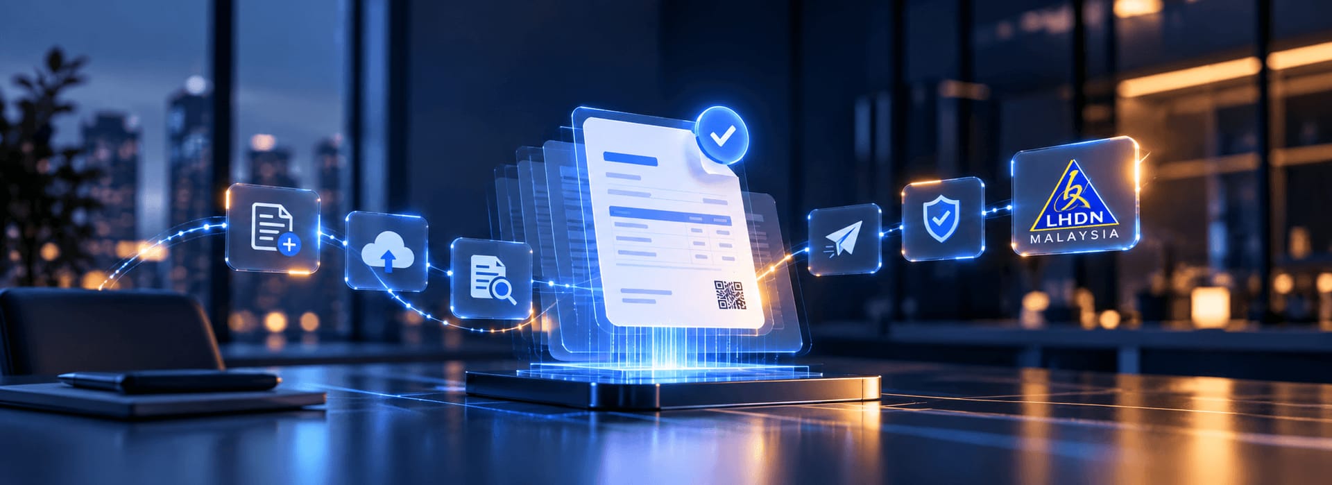 A glowing e-invoice with a verified tick, linked from create, upload and review icons through send and security to LHDN Malaysia.