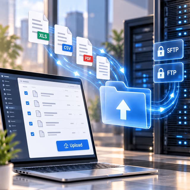 Batches of invoice files moving through SFTP and FTP into an upload folder beside server racks.