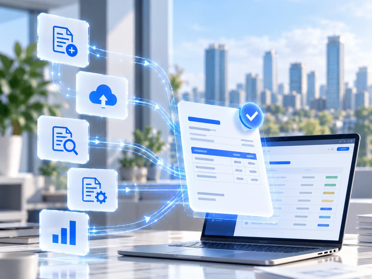 Create, upload, review, configure and report icons flowing into a verified e-invoice beside a laptop dashboard.