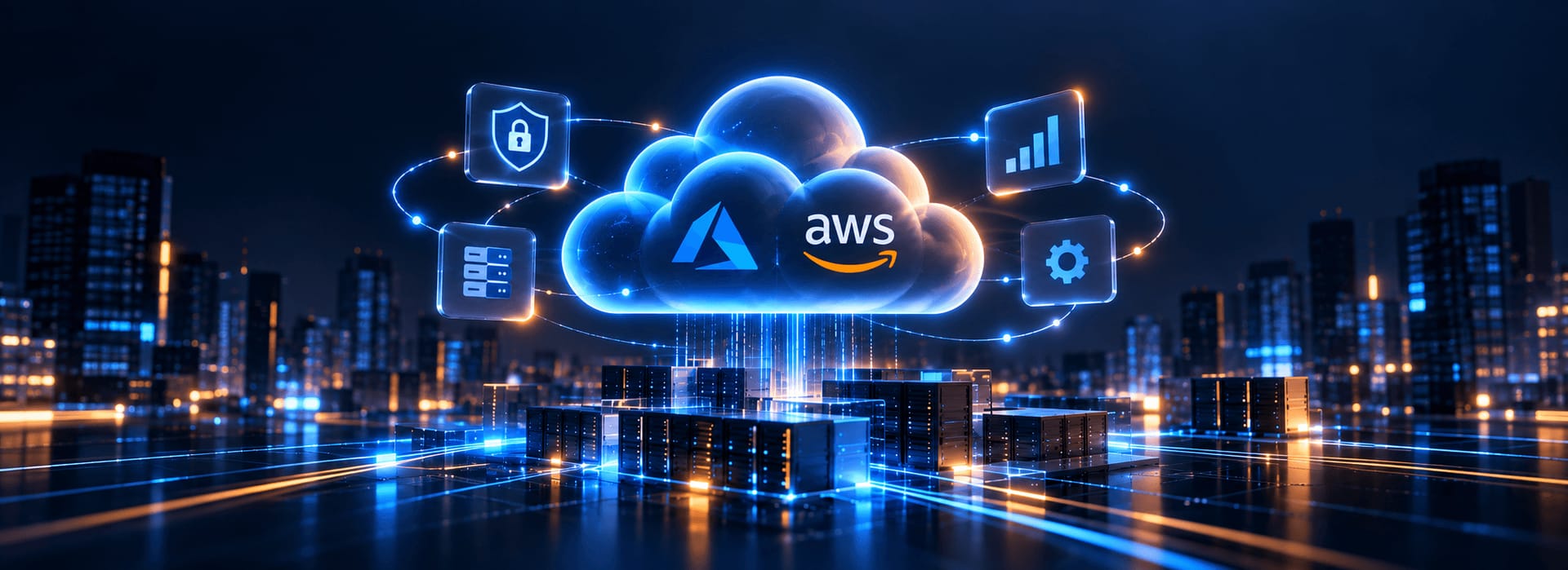 A glowing cloud carrying the Azure and AWS marks above a server field at night, ringed by security, storage, analytics and settings icons.