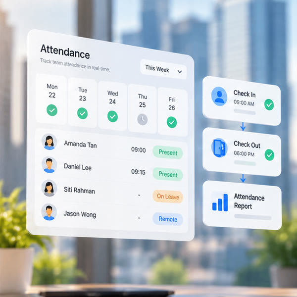 A weekly attendance board with staff statuses floating before an office window, beside check-in, check-out and attendance report cards.