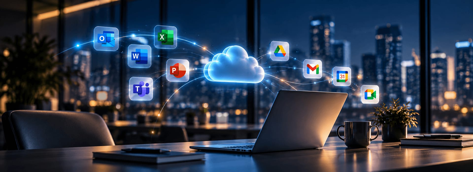 A laptop on a desk at night beneath a glowing cloud linked to Microsoft 365 and Google Workspace app icons.