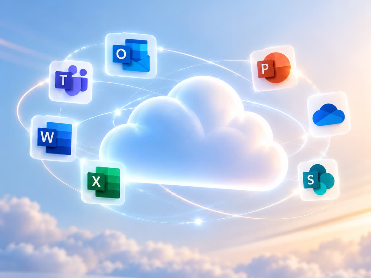 Microsoft 365 app icons — Outlook, Teams, Word, Excel, PowerPoint, OneDrive and SharePoint — orbiting a glowing cloud.