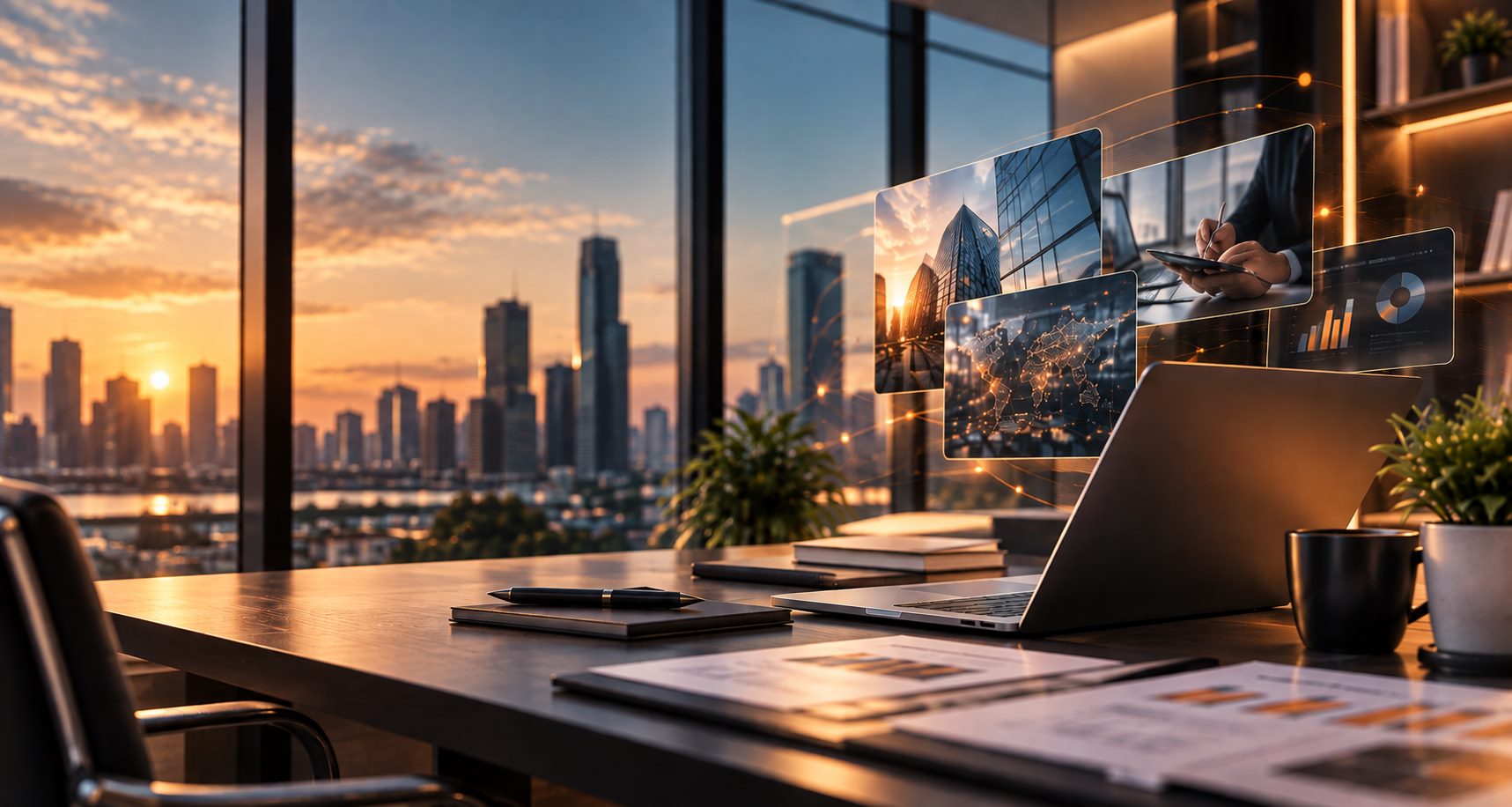 A desk by a window at sunset, a laptop open beneath floating panels of charts, a world map and city towers.
