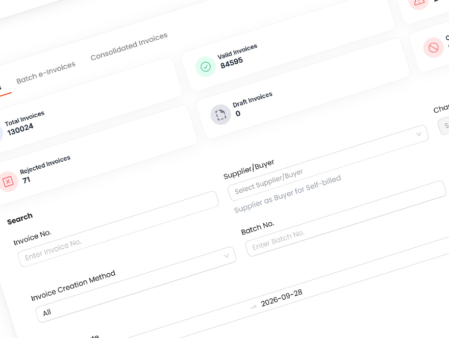 The EMIS 360 e-invoice dashboard: total, valid, draft and rejected invoice counts above the invoice search filters.