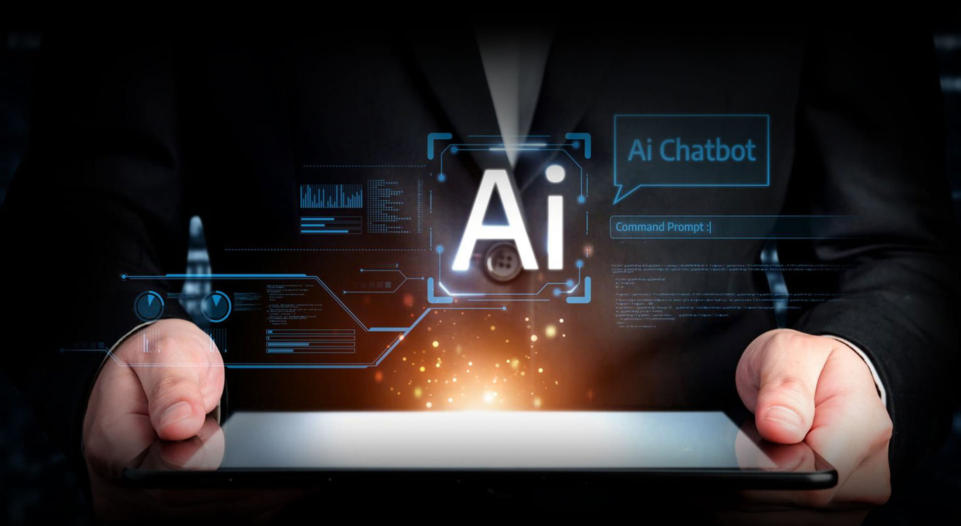 Hands holding a tablet with an AI interface projected above it.