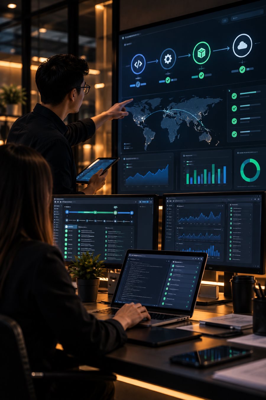 An engineer pointing at a deployment pipeline and live monitoring dashboards while a colleague works at a laptop.
