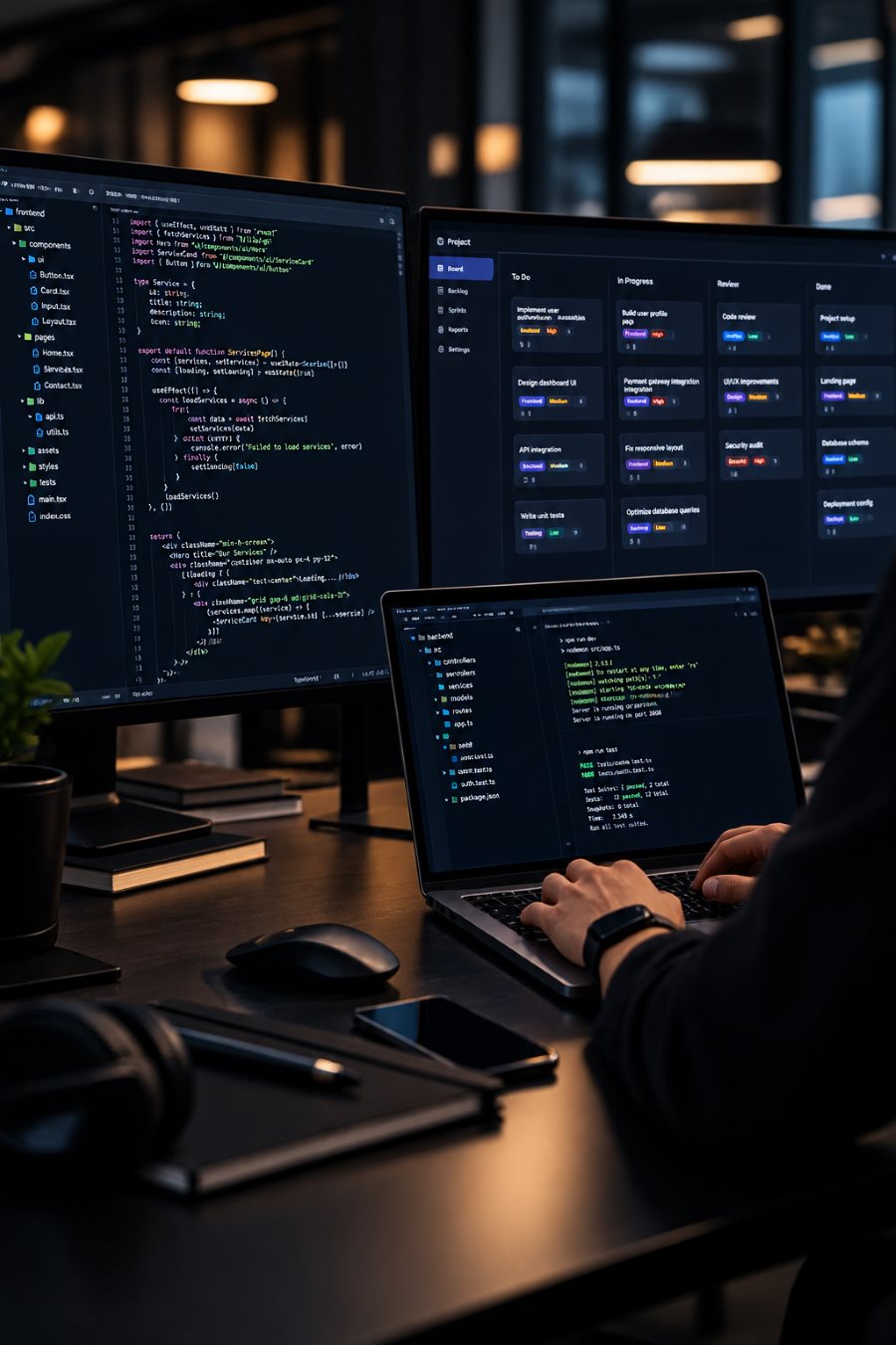 A developer at a laptop running tests, with code and a sprint board on the monitors behind.