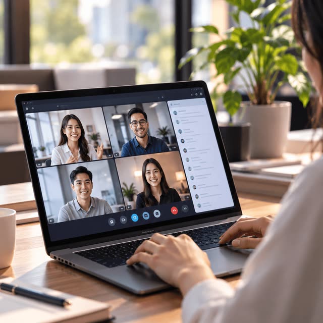 A laptop on a desk showing a team video call.