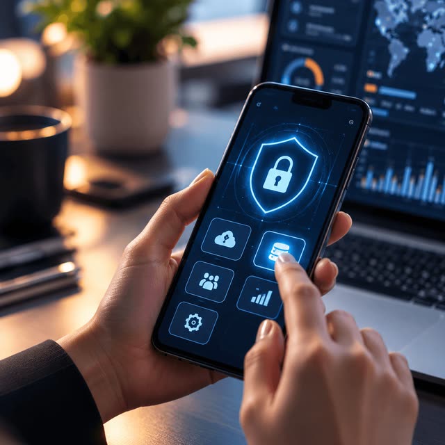 A phone in hand showing a security shield app.