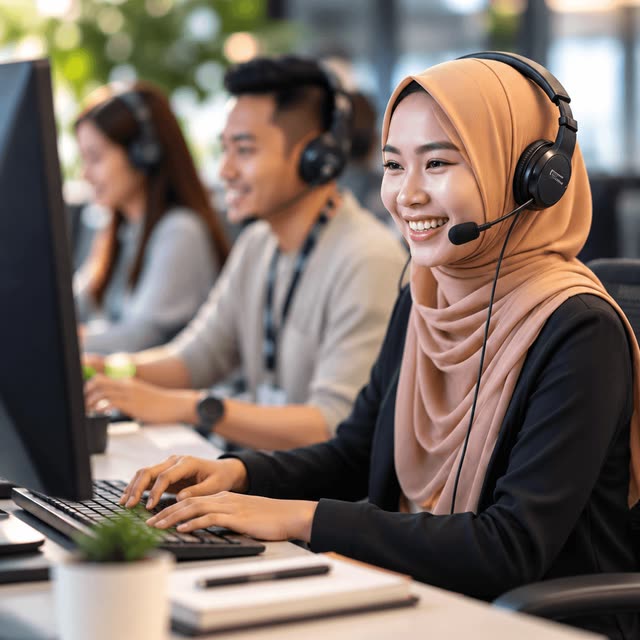 Smiling contact centre agents in headsets at their desks.