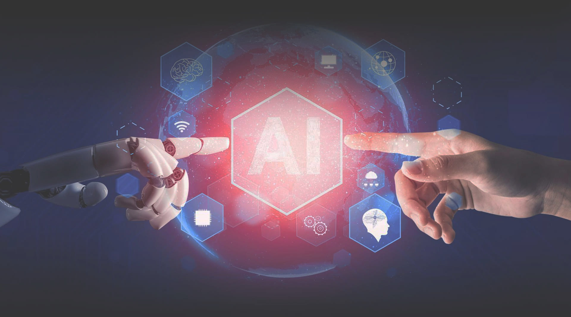 A human hand and a robotic hand reaching towards a glowing globe of connected technology icons.