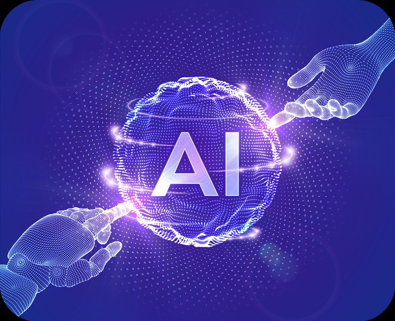Two wireframe hands either side of a glowing AI globe.