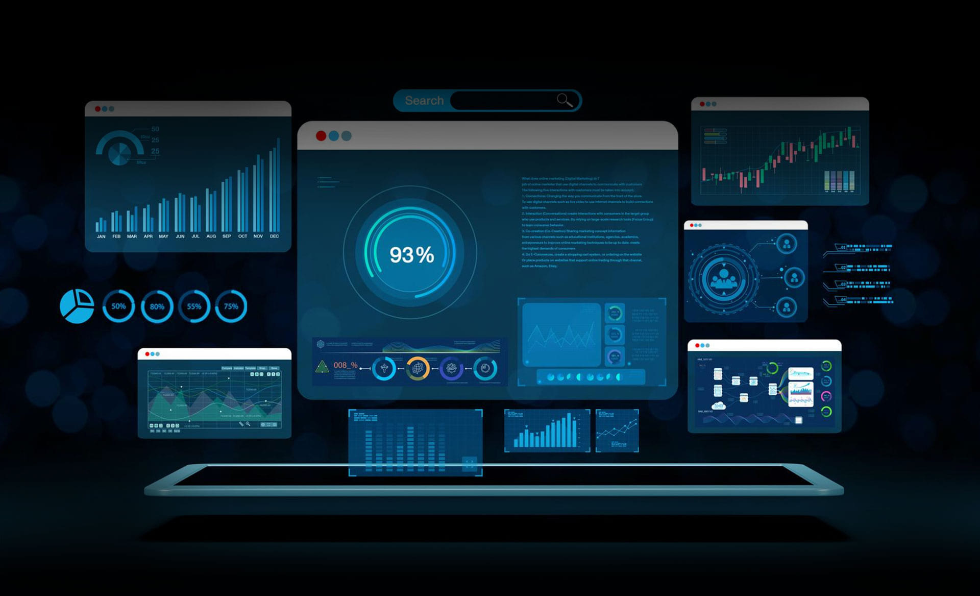 A wall of floating dashboard windows — charts, gauges and tables — rendered in dark blue.