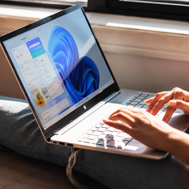 Hands typing on a laptop by a sunlit window.