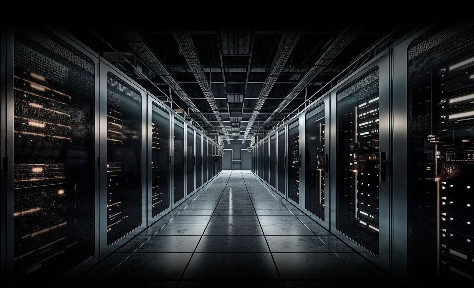 A data centre aisle running away from the camera between two rows of dark server racks.