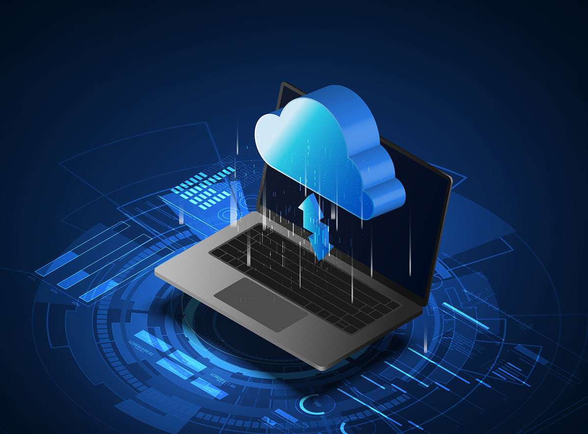 An illustration of a laptop with a cloud above it, surrounded by glowing data and city graphics.