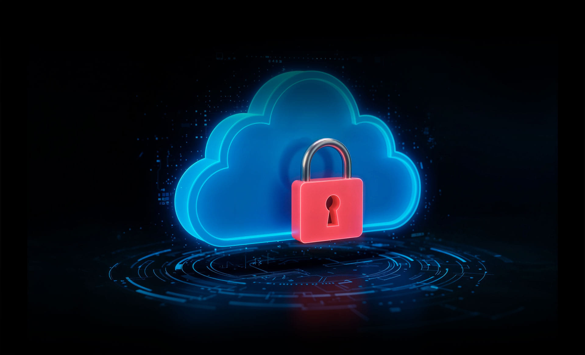 A padlock held inside a glowing cloud outline above a ring of circuitry.