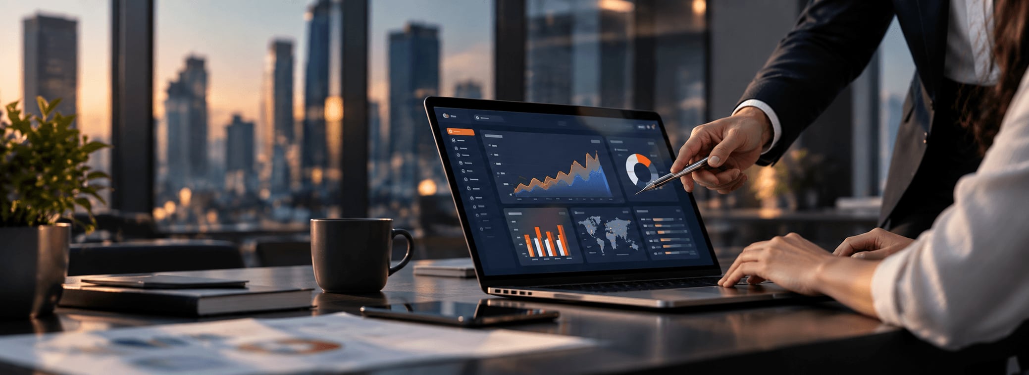 A laptop showing a business dashboard on an office desk at dusk, a hand pointing at its charts with a pen, city towers through the window behind.